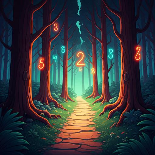 Lush cartoonish forest with glowing numbers